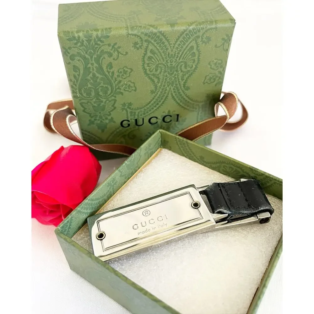 GUCCI Leather Metal Key Chain Key Charm Key Tab Black Silver Minimalist Stamped